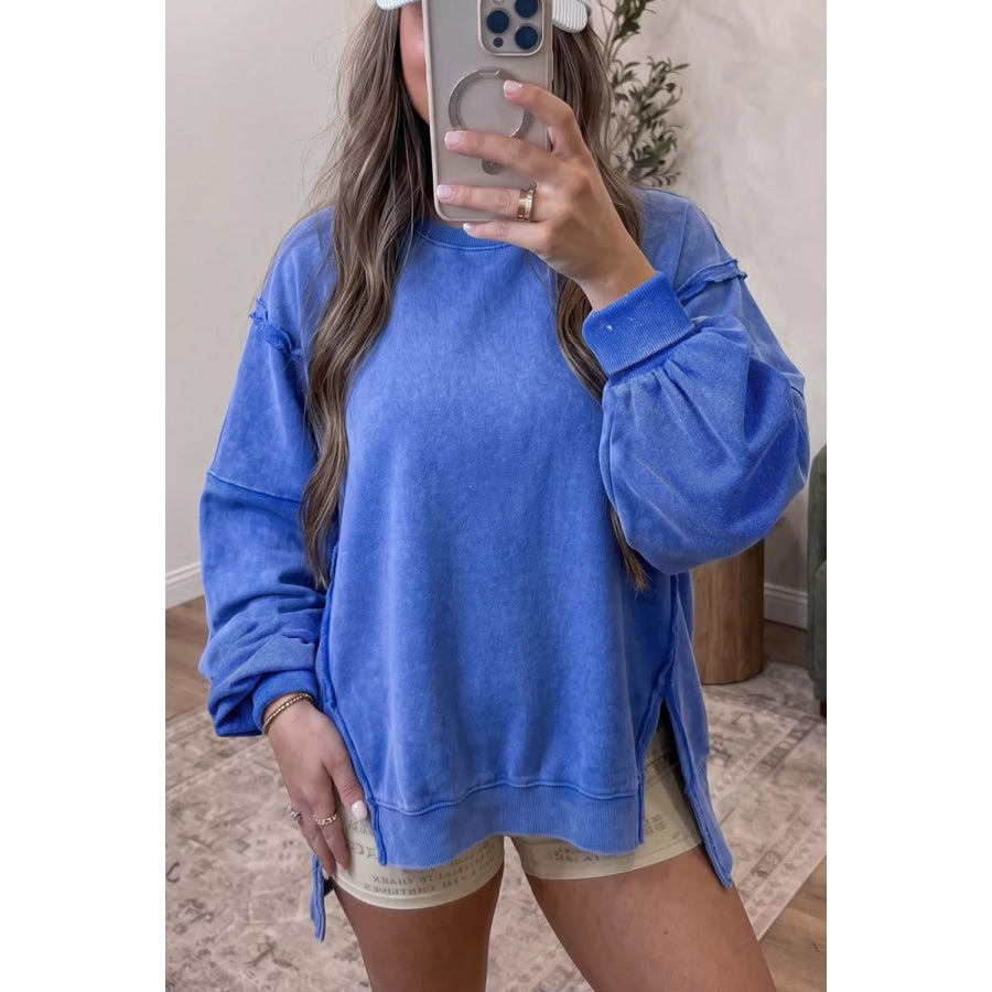 Mineral Wash Split Hem Loose Tunic Sweatshirt Apparel and Accessories