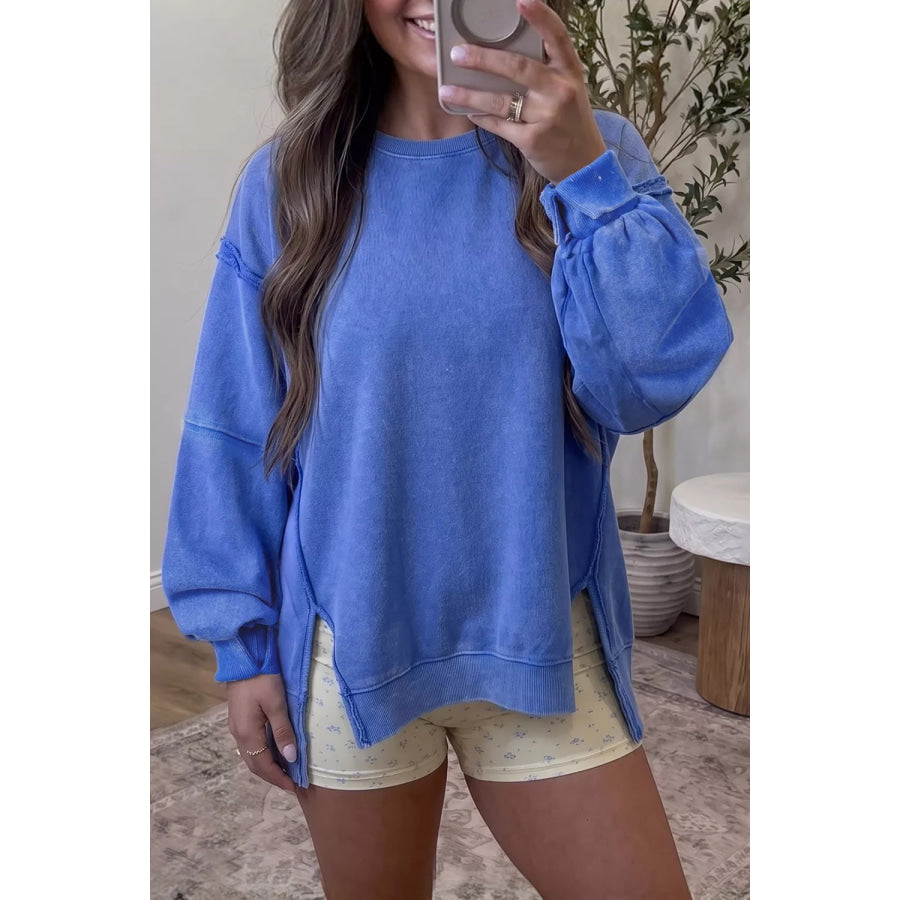 Mineral Wash Split Hem Loose Tunic Sweatshirt Apparel and Accessories