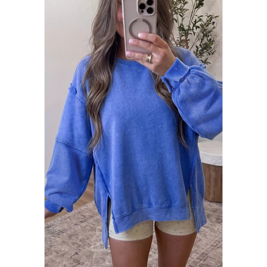 Mineral Wash Split Hem Loose Tunic Sweatshirt Royal Blue / S Apparel and Accessories