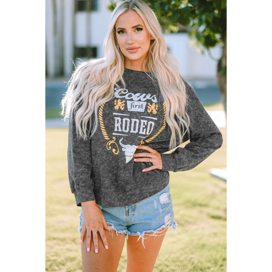 Mineral Washed COW’S FIRST RODEO Round Neck Raglan Sleeve Sweatshirt Apparel and Accessories