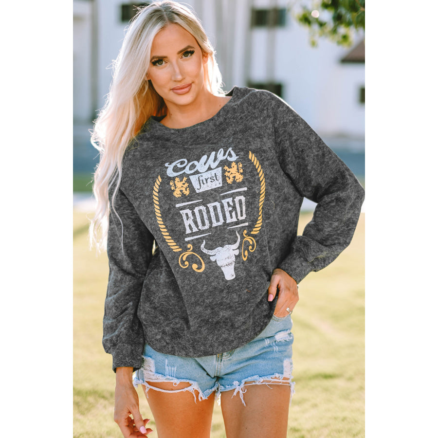 Mineral Washed COW’S FIRST RODEO Round Neck Raglan Sleeve Sweatshirt Apparel and Accessories