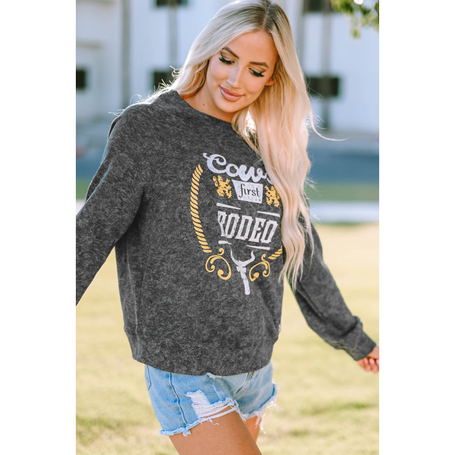 Mineral Washed COW’S FIRST RODEO Round Neck Raglan Sleeve Sweatshirt Apparel and Accessories