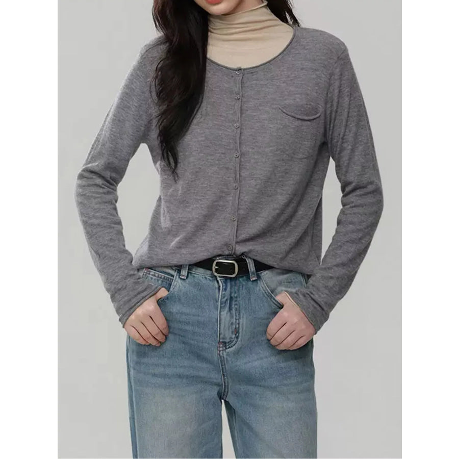 Minimalist Lightweight Crew Neck Cardigan with Chest Pocket Apparel and Accessories