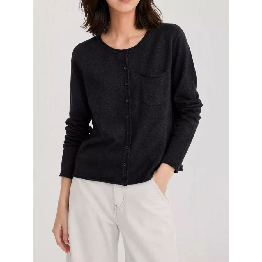 Minimalist Lightweight Crew Neck Cardigan with Chest Pocket Black / M Apparel and Accessories