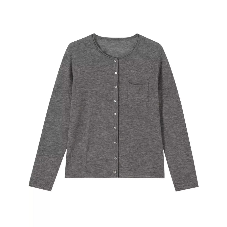 Minimalist Lightweight Crew Neck Cardigan with Chest Pocket Dark Heather Gray / M Apparel and Accessories