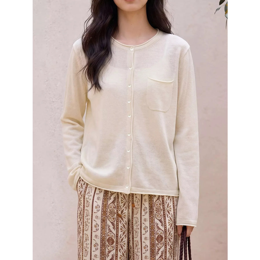 Minimalist Lightweight Crew Neck Cardigan with Chest Pocket Light Beige / M Apparel and Accessories