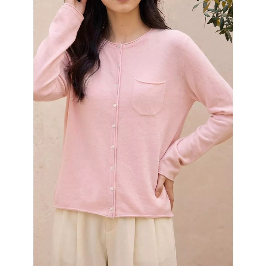 Minimalist Lightweight Crew Neck Cardigan with Chest Pocket Soft Pink / M Apparel and Accessories