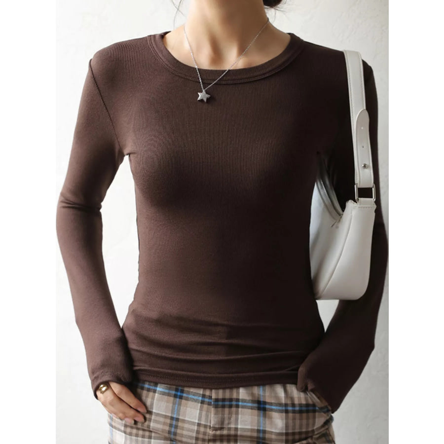 Minimalist Slim-Fit Long Sleeve Crew Neck T-Shirt Coffee / S Apparel and Accessories