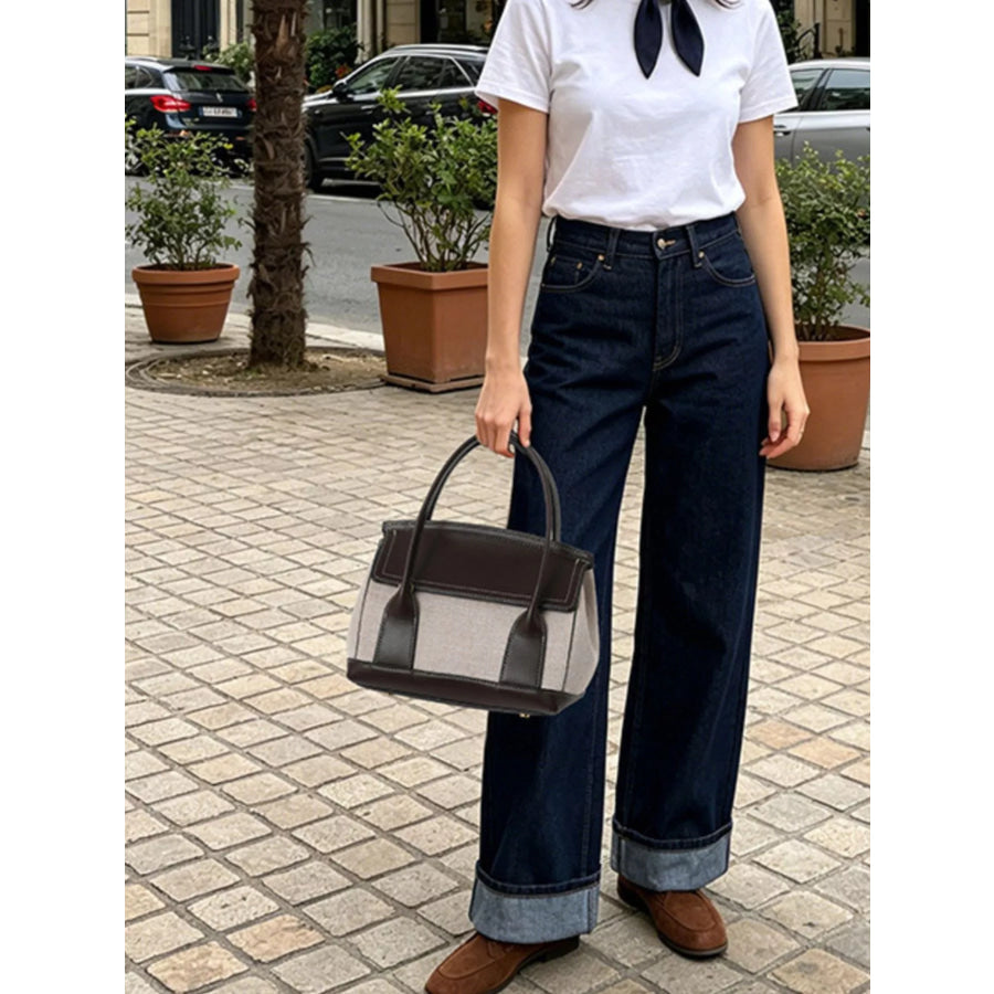 Minimalist Two-Tone Canvas and Leather Structured Handbag Beige / onesize Apparel Accessories