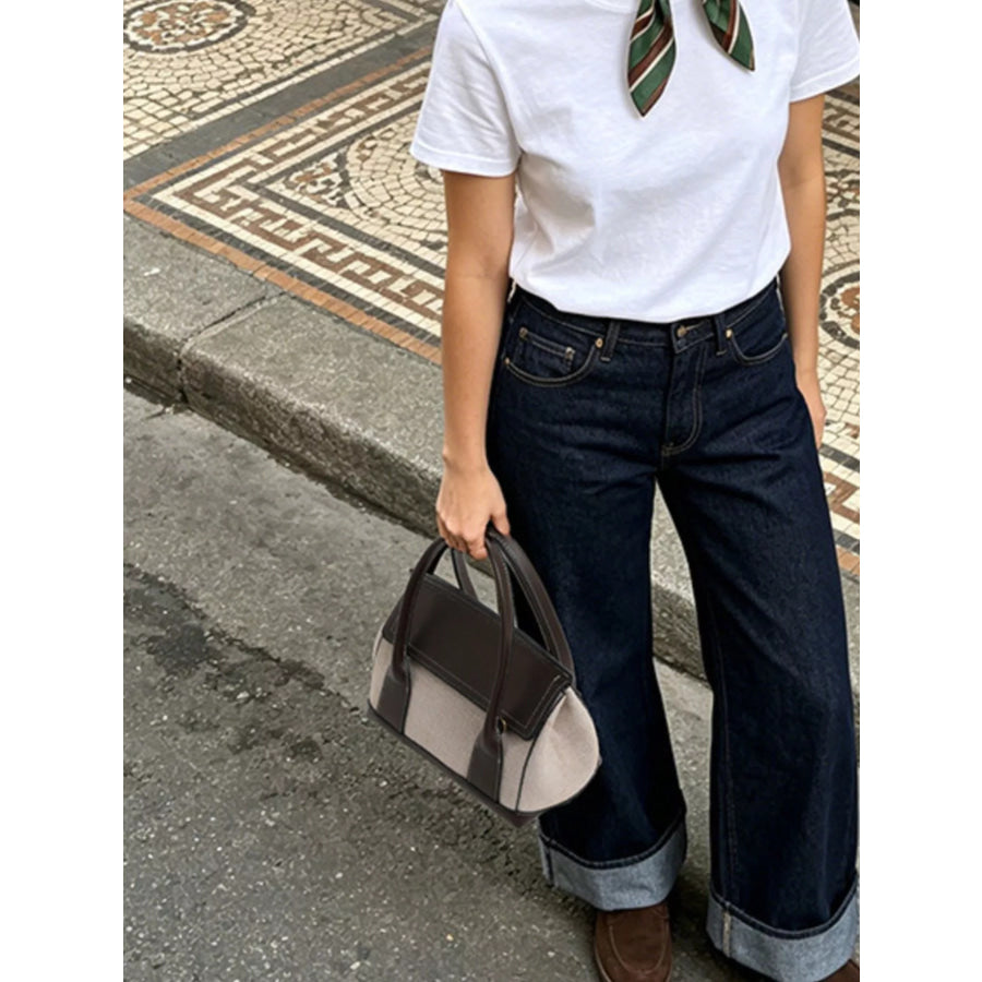 Minimalist Two-Tone Canvas and Leather Structured Handbag Beige / onesize Apparel Accessories