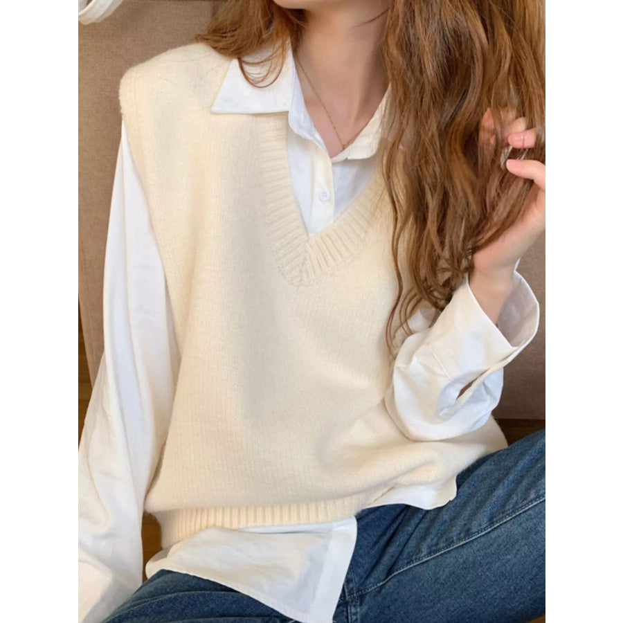 Minimalist V-Neck Knit Sweater Vest Beige / S Apparel and Accessories