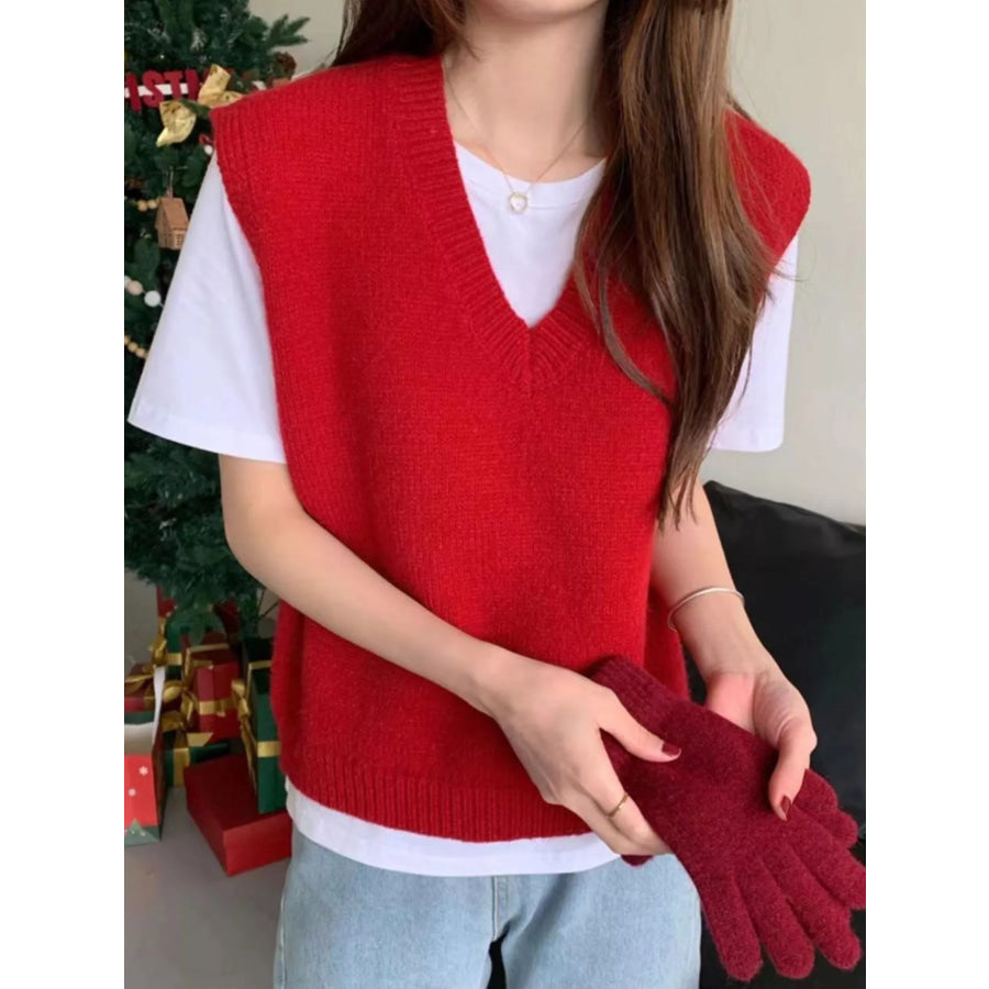 Minimalist V-Neck Knit Sweater Vest Red / S Apparel and Accessories