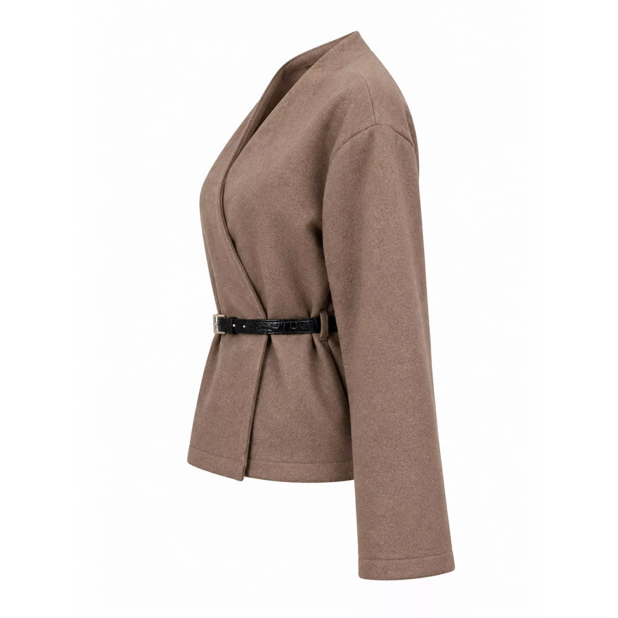 Minimalist V-Neck Wrap Jacket with Waist-Defining Belt Apparel and Accessories