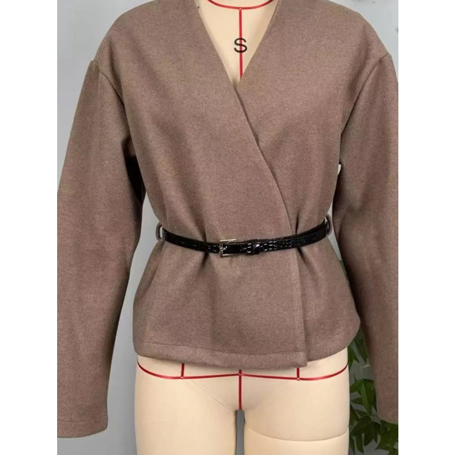 Minimalist V-Neck Wrap Jacket with Waist-Defining Belt Brown / XS Apparel and Accessories