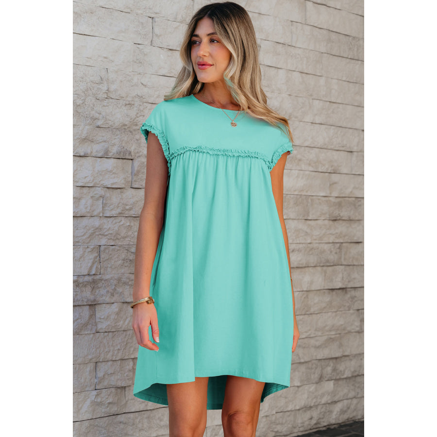 Mint Green Frilled Trim Crew Neck Loose Fit Mini Dress Dresses/Mini Dresses
