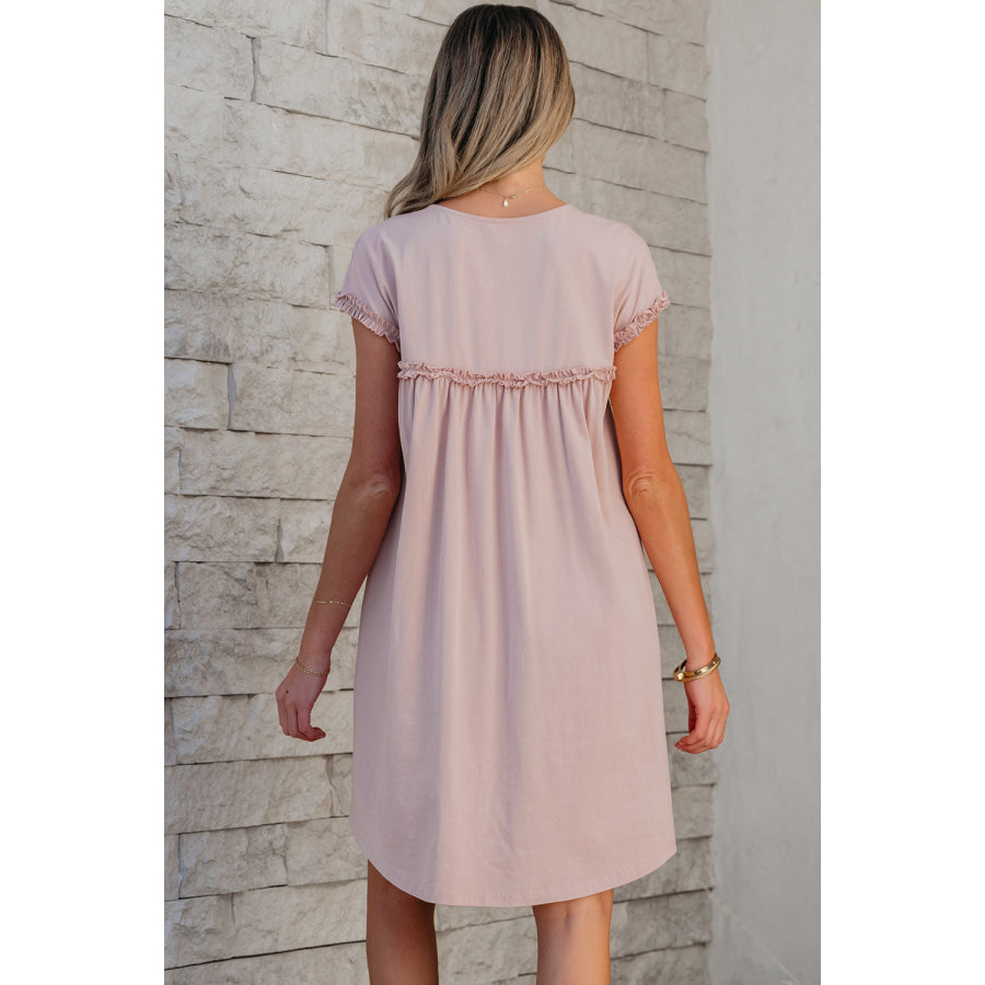 Mint Green Frilled Trim Crew Neck Loose Fit Mini Dress Dresses/Mini Dresses