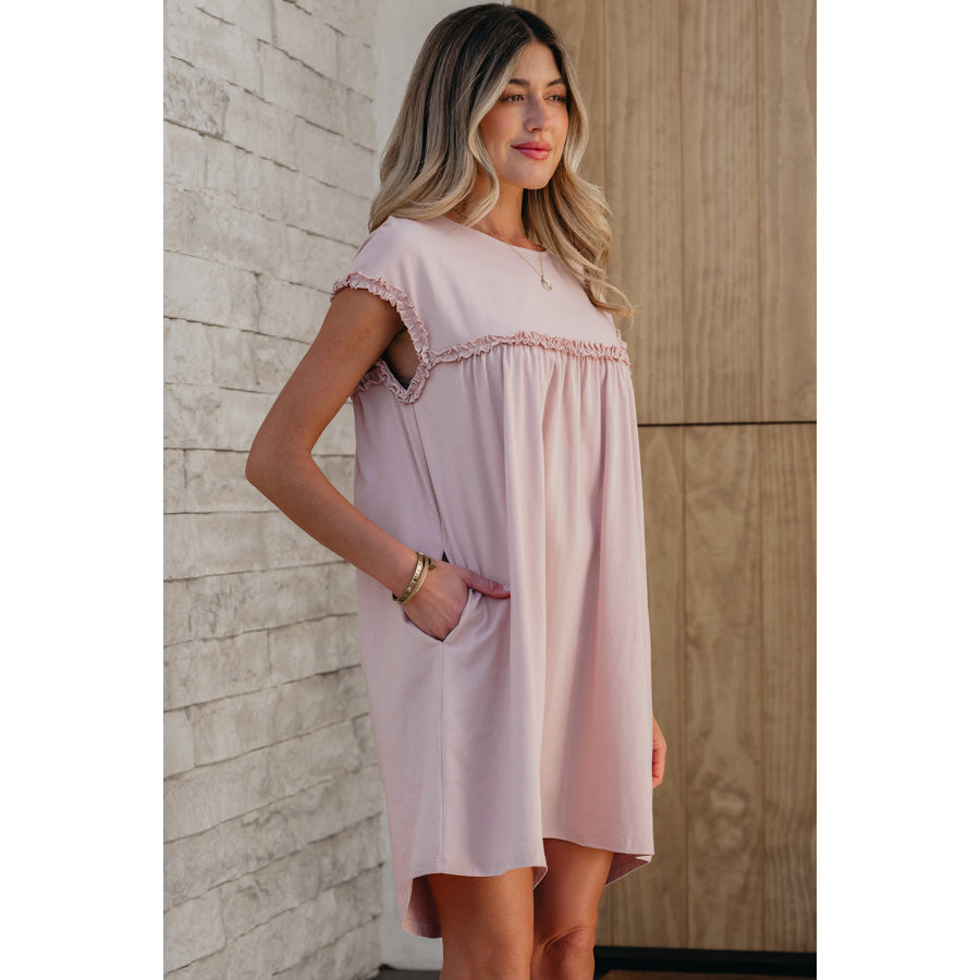 Mint Green Frilled Trim Crew Neck Loose Fit Mini Dress Dresses/Mini Dresses