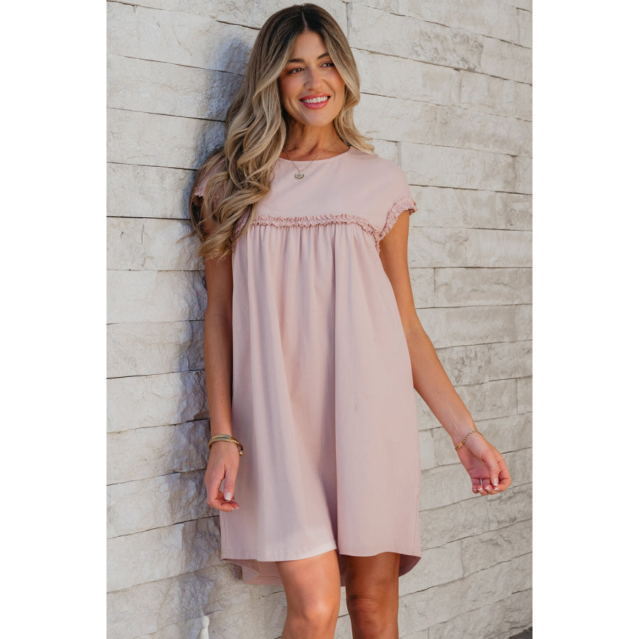 Mint Green Frilled Trim Crew Neck Loose Fit Mini Dress Oatmeal / S / 95% Cotton + 5% Elastane Dresses/Mini Dresses