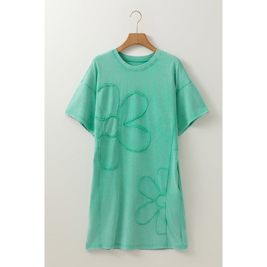 Mint Green Mineral Wash Flower Patchwork Mini T Shirt Dress Dresses/T Shirt Dresses