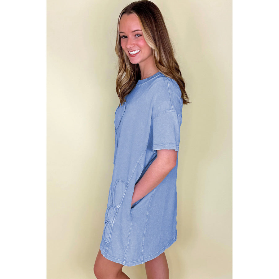 Mint Green Mineral Wash Flower Patchwork Mini T Shirt Dress Dresses/T Shirt Dresses