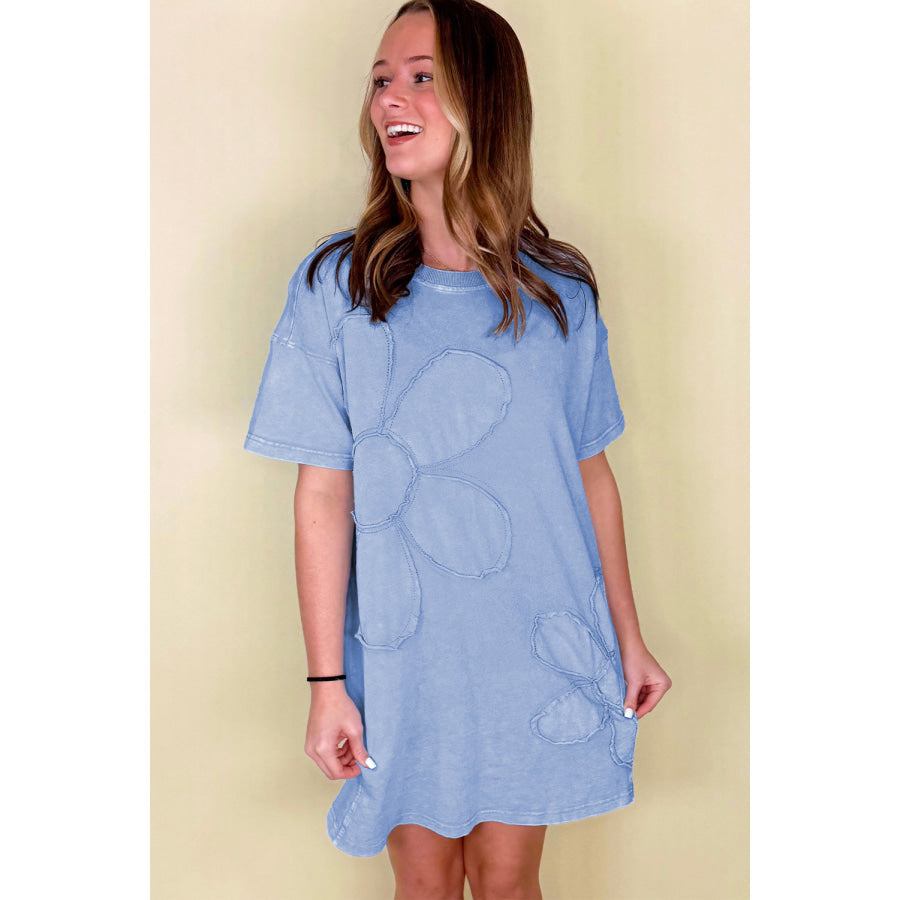 Mint Green Mineral Wash Flower Patchwork Mini T Shirt Dress Dresses/T Shirt Dresses