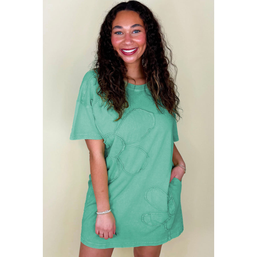 Mint Green Mineral Wash Flower Patchwork Mini T Shirt Dress Dresses/T Shirt Dresses