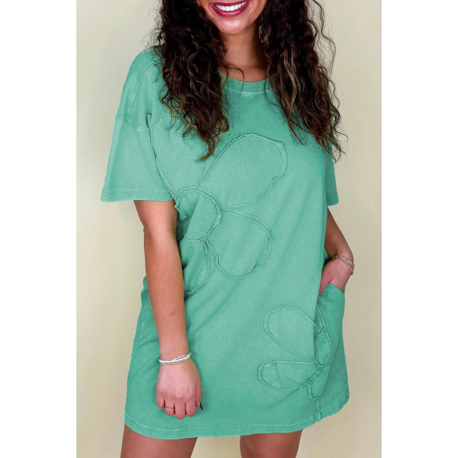 Mint Green Mineral Wash Flower Patchwork Mini T Shirt Dress Mint Green / S / 100% Cotton Dresses/T Shirt Dresses