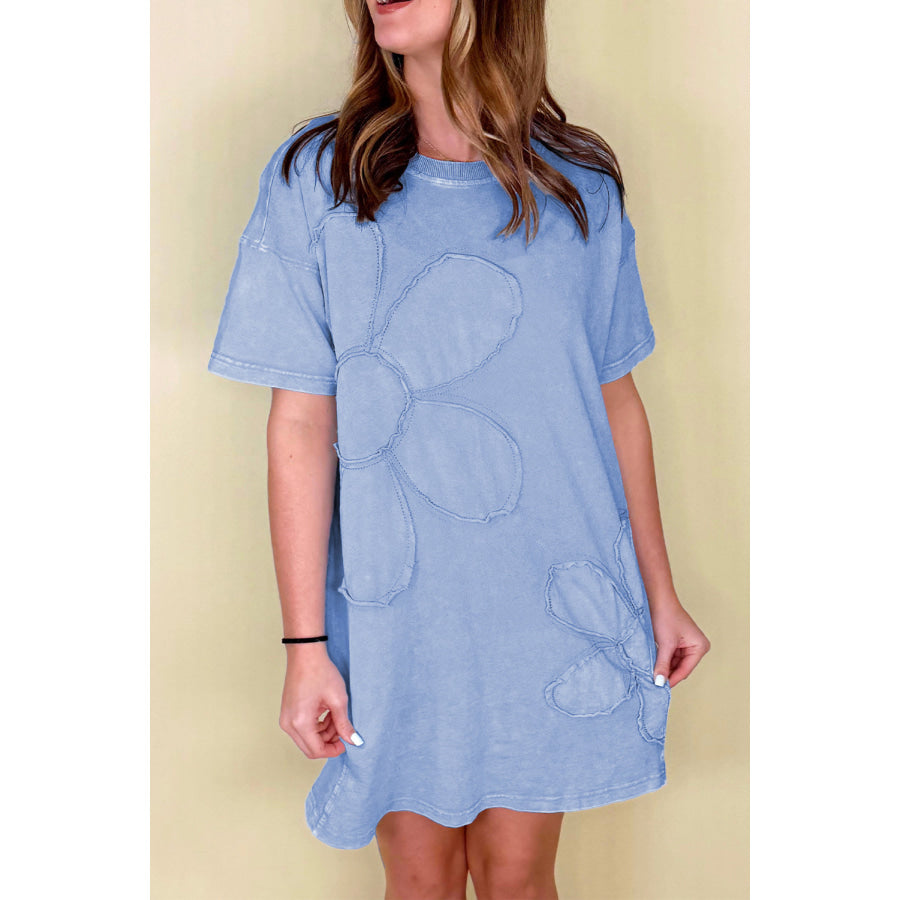 Mint Green Mineral Wash Flower Patchwork Mini T Shirt Dress Sky Blue / S / 100% Cotton Dresses/T Shirt Dresses