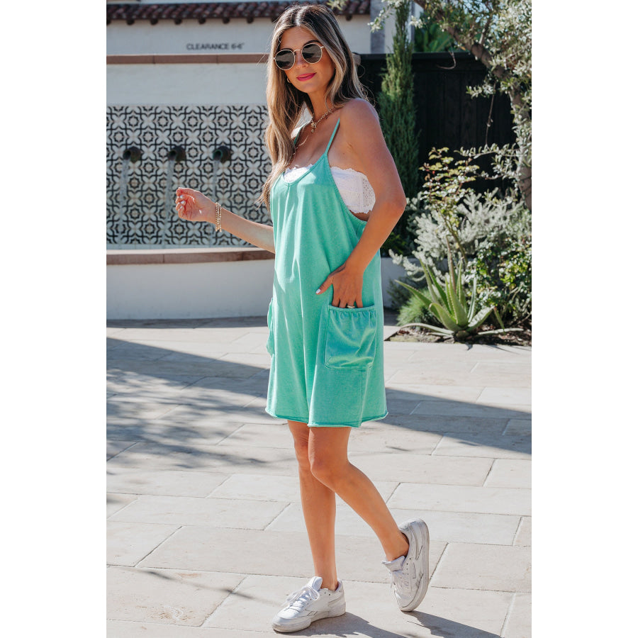 Mint Green Mineral Wash Spaghetti Straps Pocketed Romper Bottoms/Jumpsuits & Rompers
