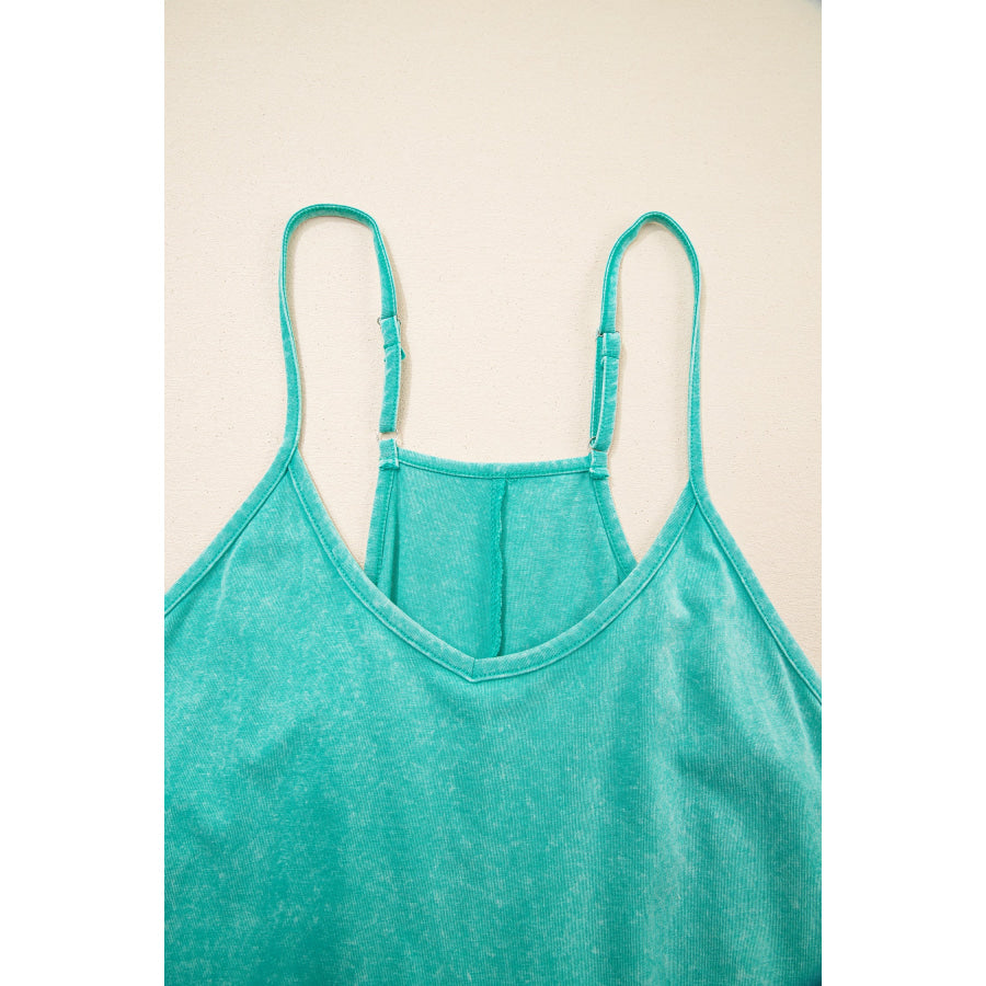 Mint Green Mineral Wash Spaghetti Straps Pocketed Romper Bottoms/Jumpsuits & Rompers