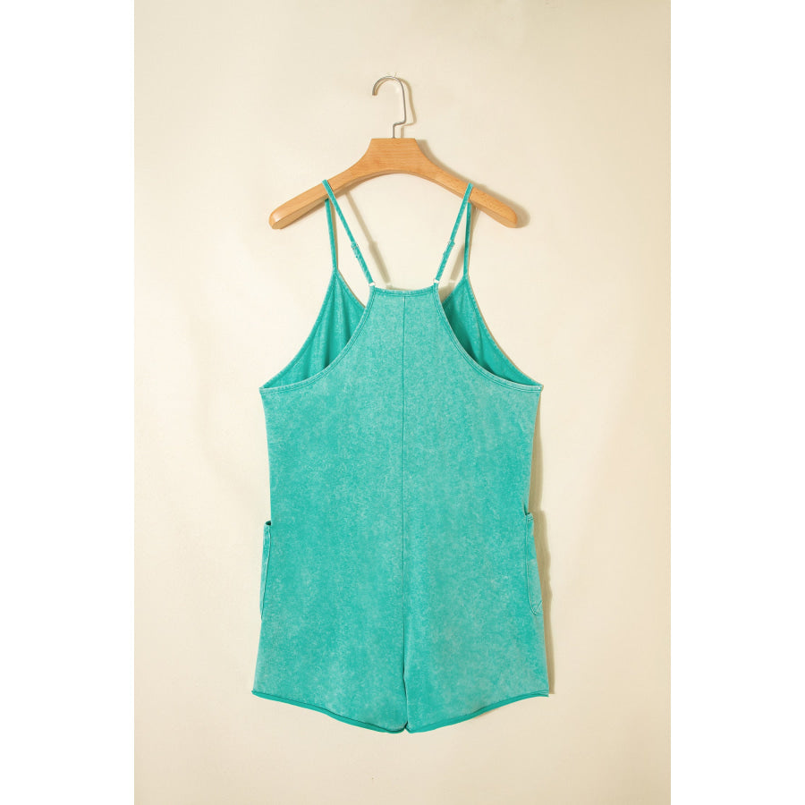 Mint Green Mineral Wash Spaghetti Straps Pocketed Romper Mint Green / S / 100% Cotton Bottoms/Jumpsuits & Rompers