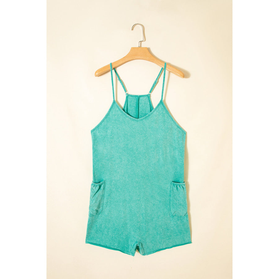 Mint Green Mineral Wash Spaghetti Straps Pocketed Romper Mint Green / S / 100% Cotton Bottoms/Jumpsuits & Rompers