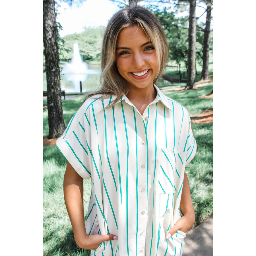 Mint Green St Patricks Striped Wide Short Sleeve Shift Mini Shirt Dress Dresses/Mini Dresses