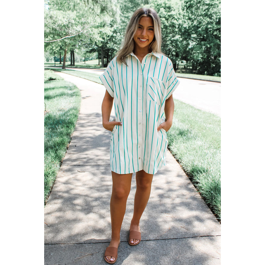 Mint Green St Patricks Striped Wide Short Sleeve Shift Mini Shirt Dress Dresses/Mini Dresses