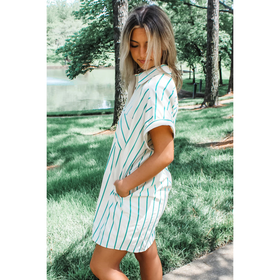 Mint Green St Patricks Striped Wide Short Sleeve Shift Mini Shirt Dress Dresses/Mini Dresses