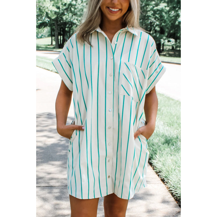 Mint Green St Patricks Striped Wide Short Sleeve Shift Mini Shirt Dress Mint Green / S / 100% Cotton Dresses/Mini Dresses