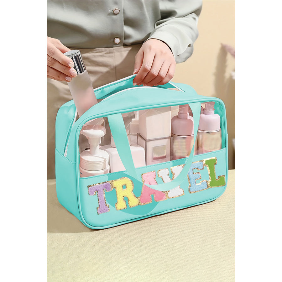 Mint Green TRAVEL Chenille Letter Clear PVC Makeup Bag Mint Green / ONE SIZE / 100% PU Shoes & Bags/Makeup Bags