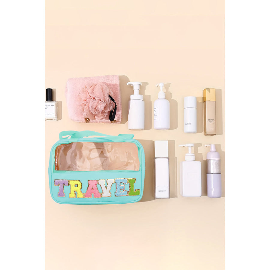 Mint Green TRAVEL Chenille Letter Clear PVC Makeup Bag Mint Green / ONE SIZE / 100% PU Shoes & Bags/Makeup Bags