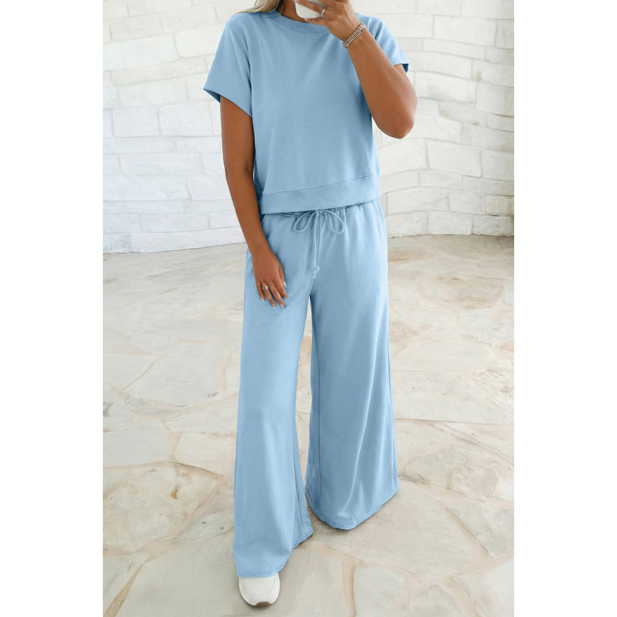Mist Blue Solid Color Loose Tee Drawstring Wide Leg Pants 2pcs Outfit Mist Blue / S / 80% Polyester + 20% Cotton Two Piece Sets/Pant Sets