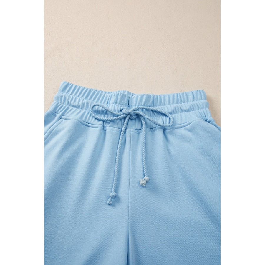 Mist Blue Solid Color Loose Tee Drawstring Wide Leg Pants 2pcs Outfit Two Piece Sets/Pant Sets