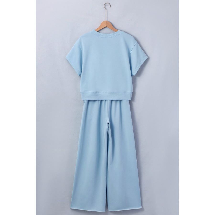 Mist Blue Solid Color Loose Tee Drawstring Wide Leg Pants 2pcs Outfit Two Piece Sets/Pant Sets