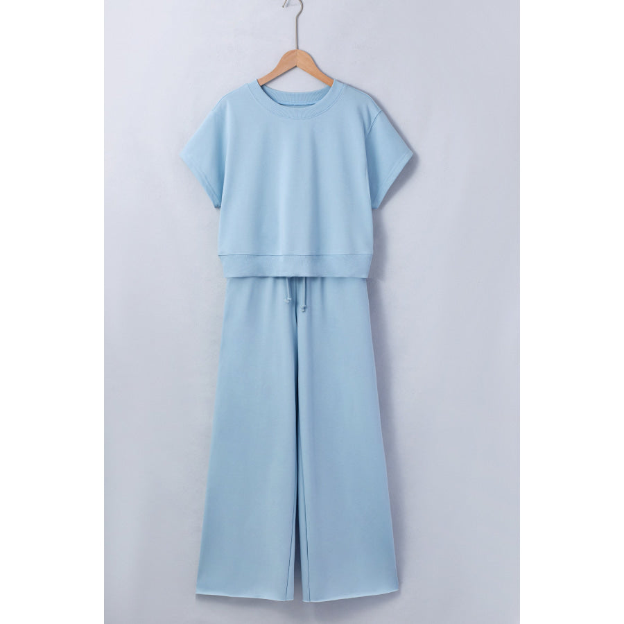 Mist Blue Solid Color Loose Tee Drawstring Wide Leg Pants 2pcs Outfit Two Piece Sets/Pant Sets