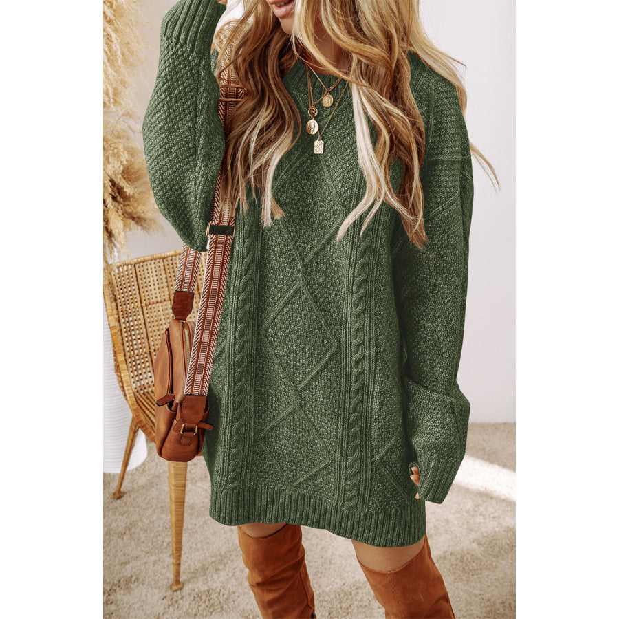 Mist Green Cable Knit Drop Shoulder Loose Fit Sweater Dress Mist Green / S / 100% Polyester Sweaters & Cardigans/Sweater Dresses
