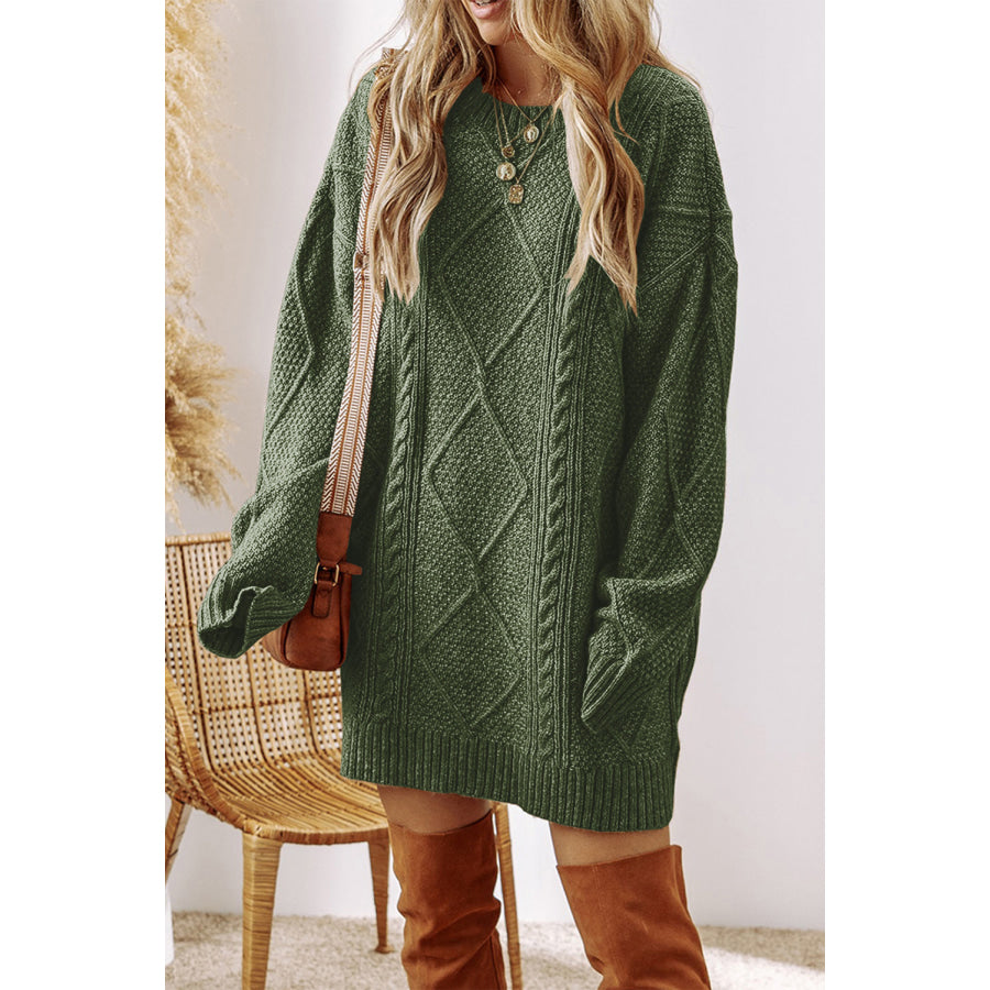 Mist Green Cable Knit Drop Shoulder Loose Fit Sweater Dress Mist Green / S / 100% Polyester Sweaters & Cardigans/Sweater Dresses