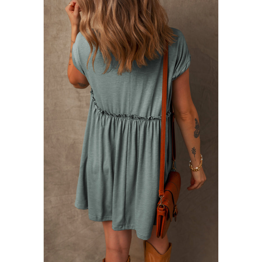Mist Green Frilled Gathered Seam Round Neck T Shirt Dress Dresses/T Shirt Dresses