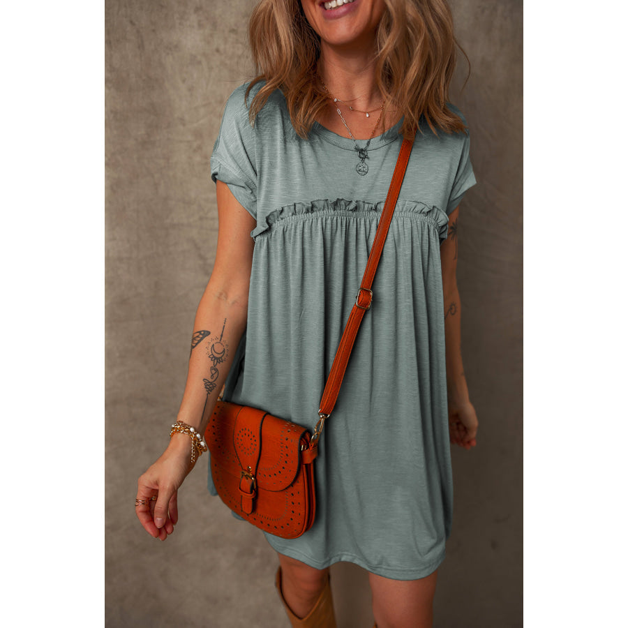 Mist Green Frilled Gathered Seam Round Neck T Shirt Dress Dresses/T Shirt Dresses