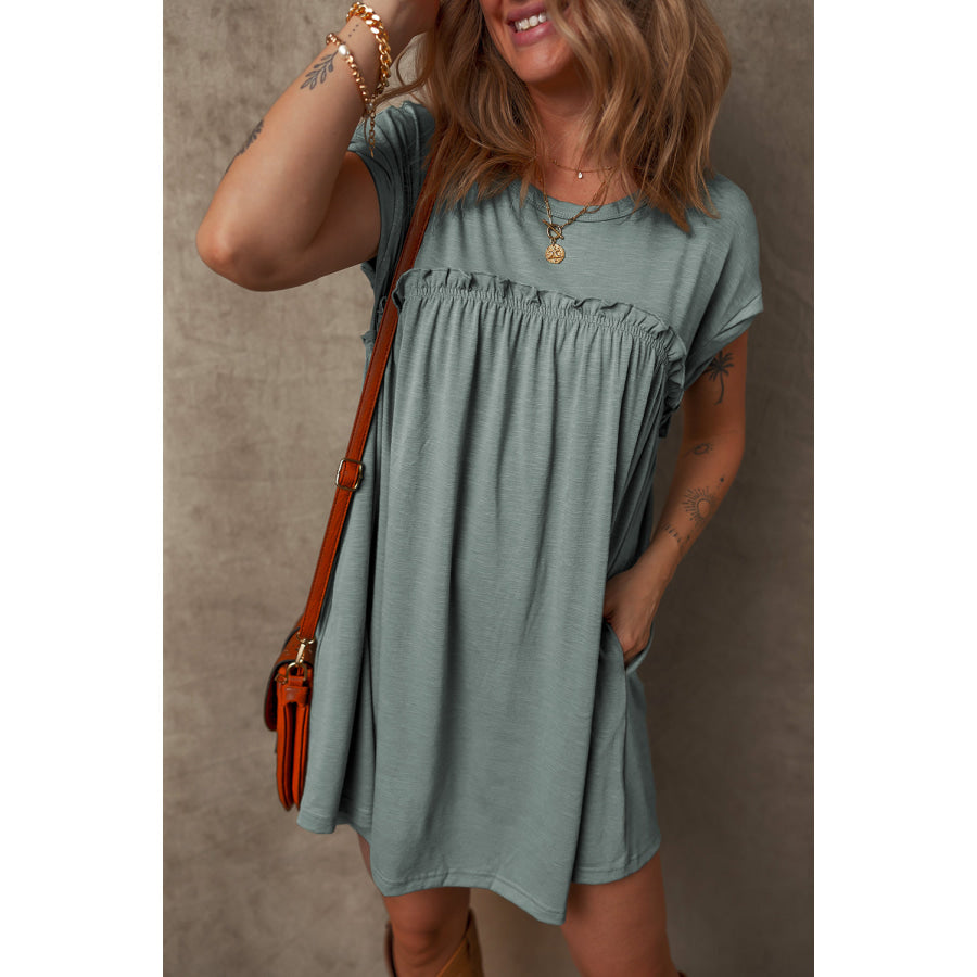 Mist Green Frilled Gathered Seam Round Neck T Shirt Dress Dresses/T Shirt Dresses