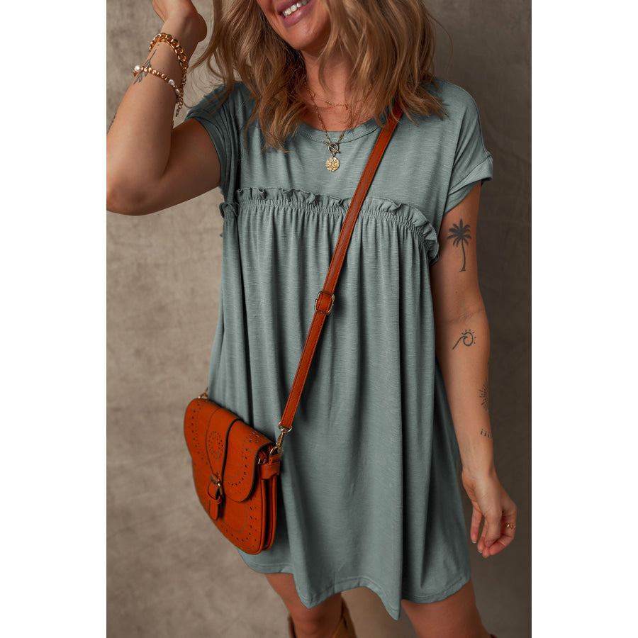 Mist Green Frilled Gathered Seam Round Neck T Shirt Dress Dresses/T Shirt Dresses