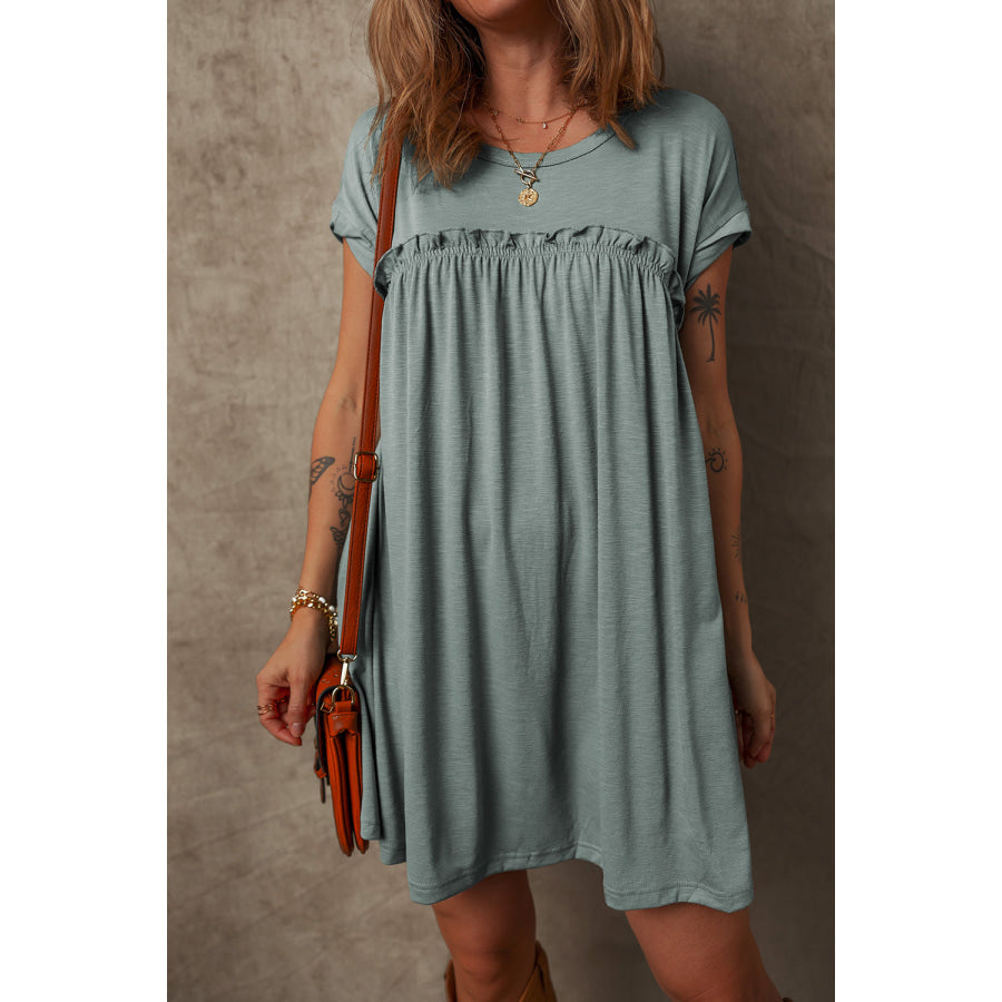 Mist Green Frilled Gathered Seam Round Neck T Shirt Dress Dresses/T Shirt Dresses