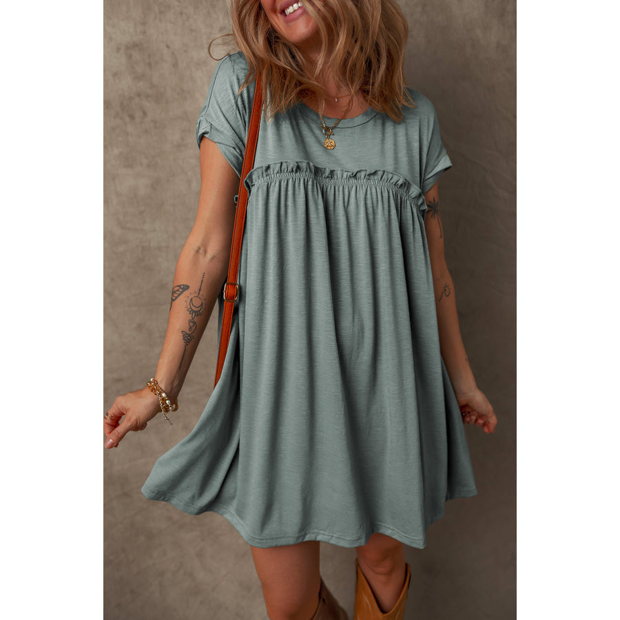 Mist Green Frilled Gathered Seam Round Neck T Shirt Dress Dresses/T Shirt Dresses